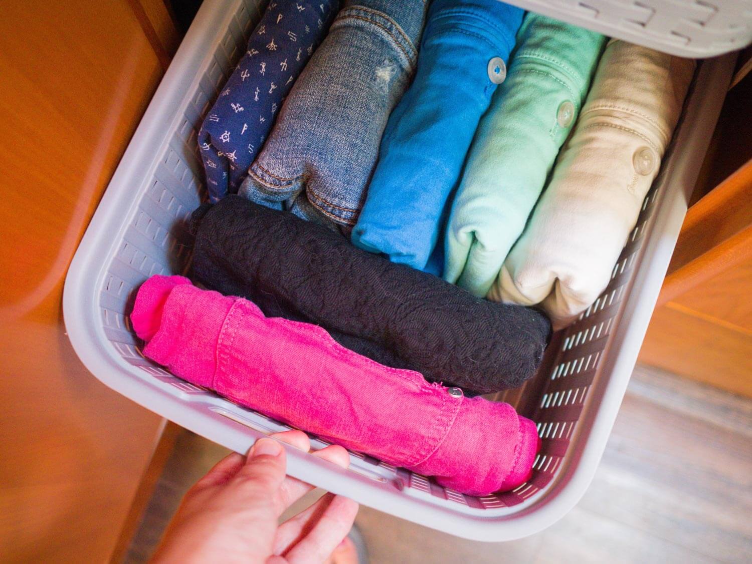 shorts folded and organized in basket