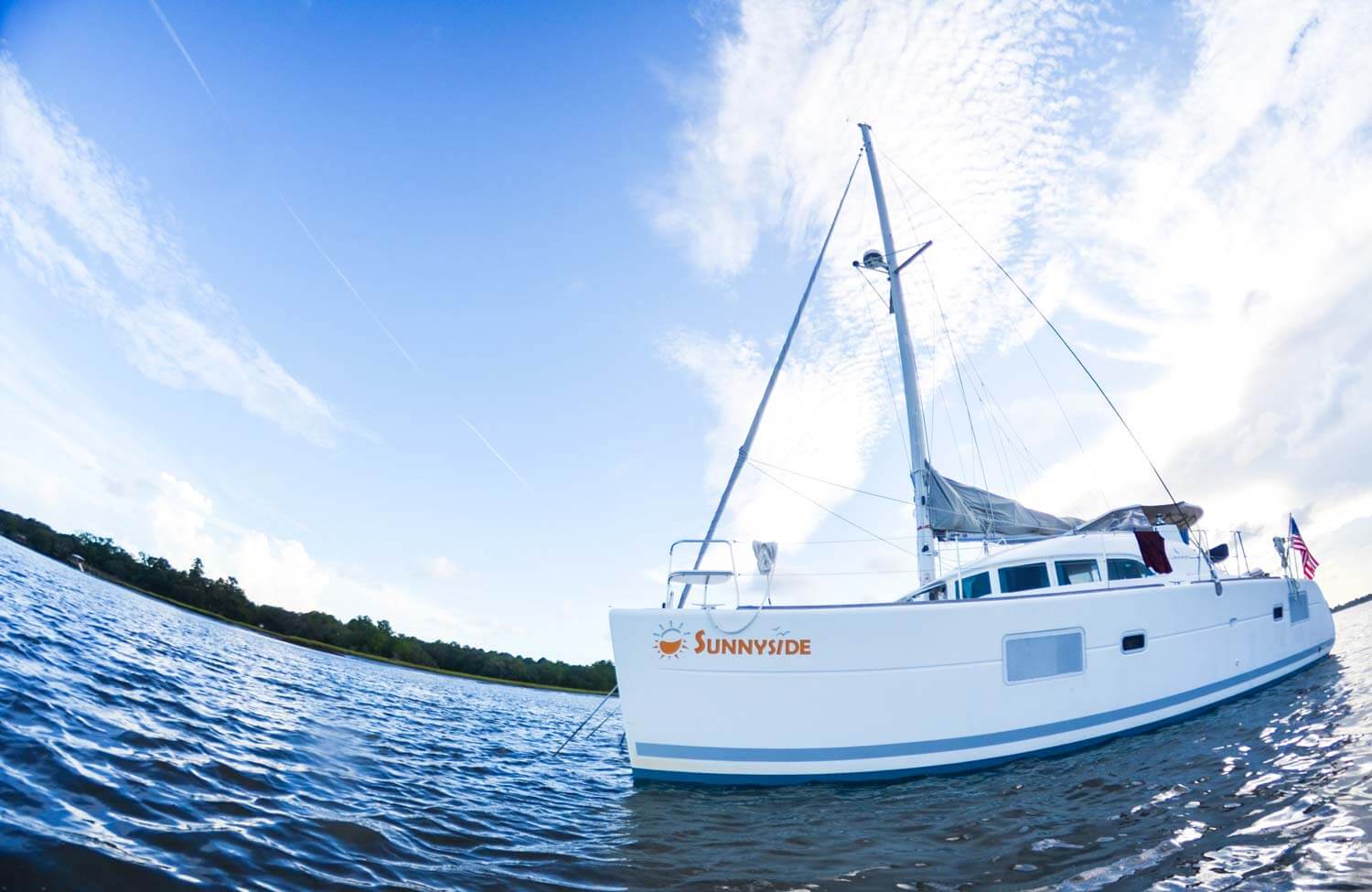 close up of anchored Lagoon 380 catamaran