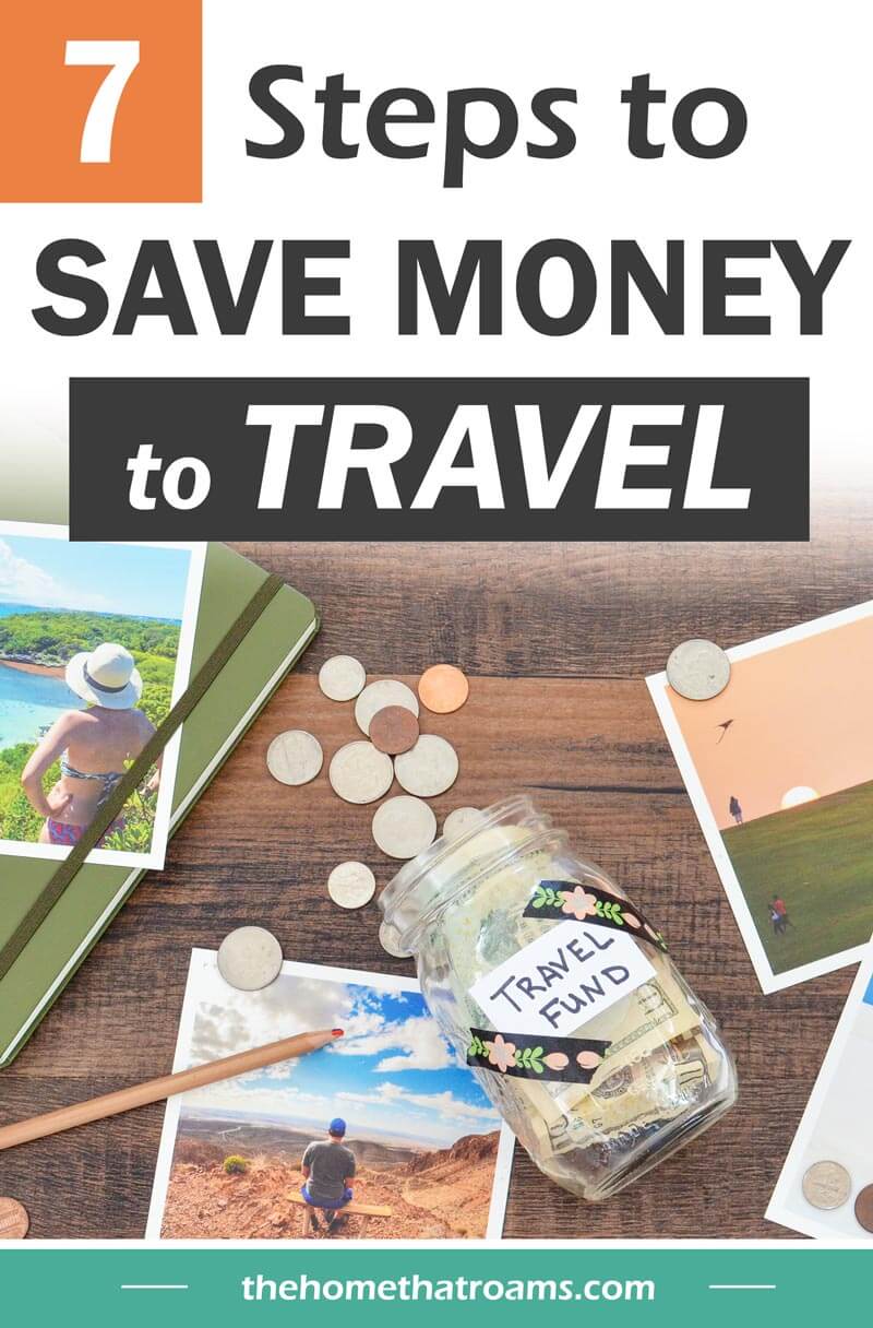 pin of jar with money for travel fund spilling out across the floor filled with travel photos and travel journal