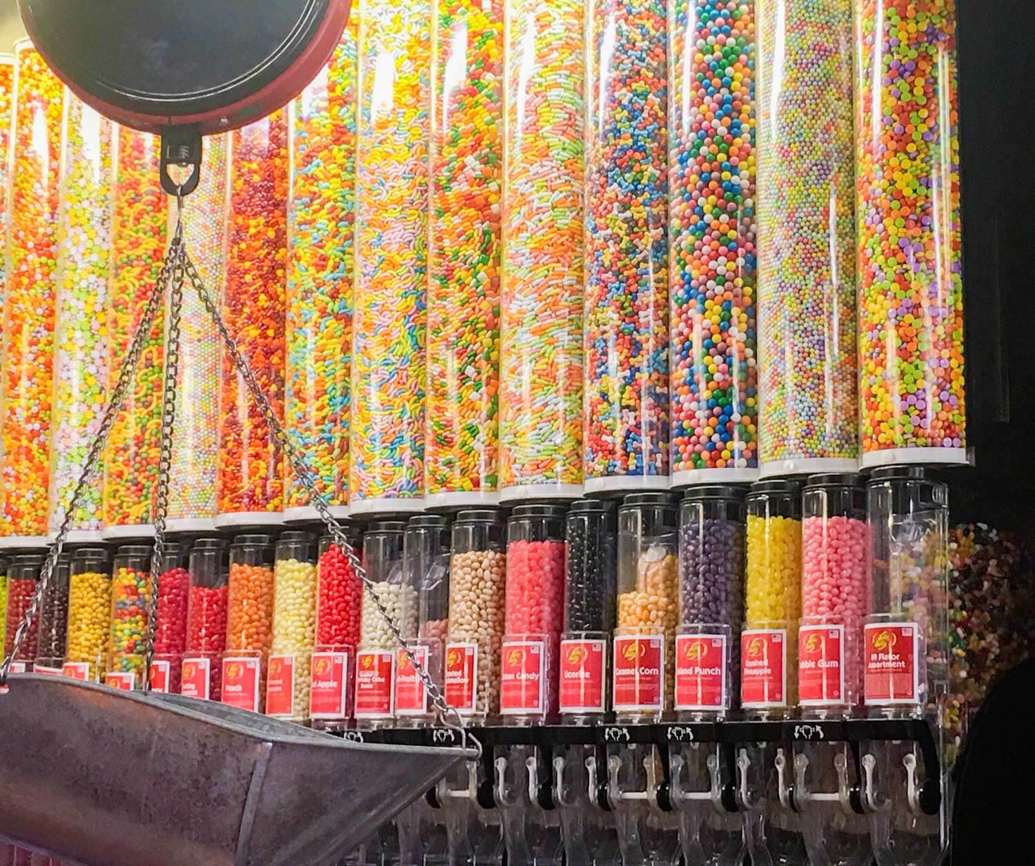 huge bins of hard candy at candy store