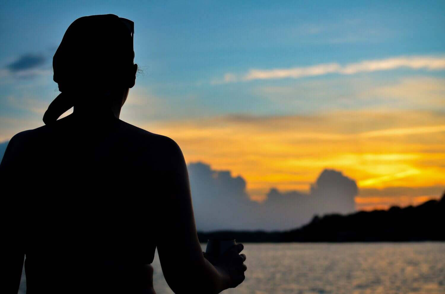 Silhouette of crew member looking at sunset view from a catamaran