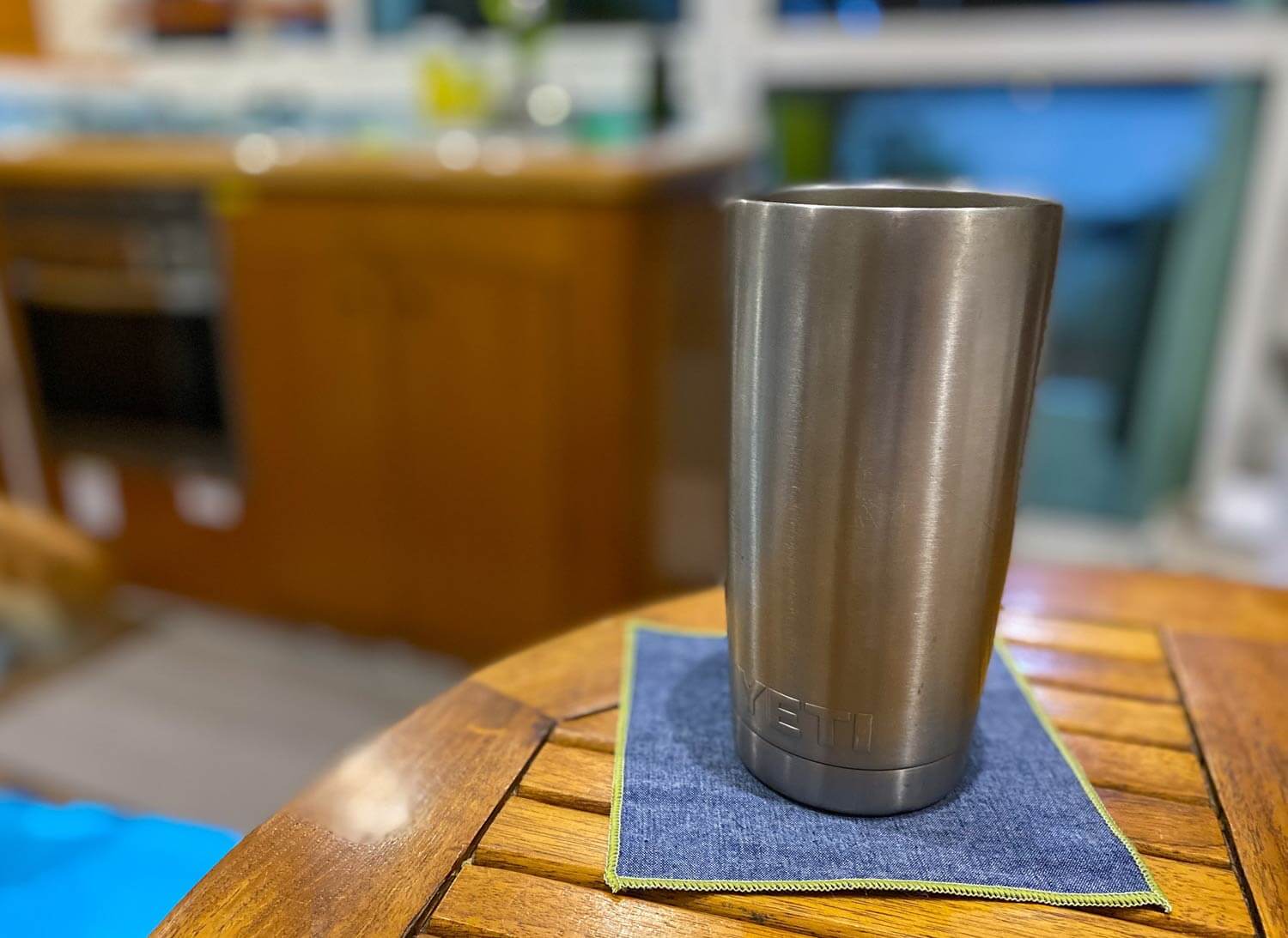 Yeti stainless steel tumbler sitting on table