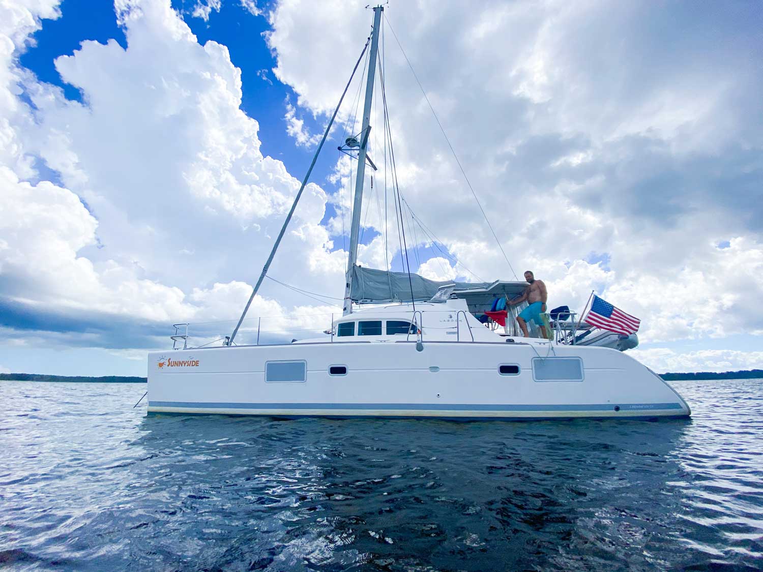 Catamaran at anchor on the water