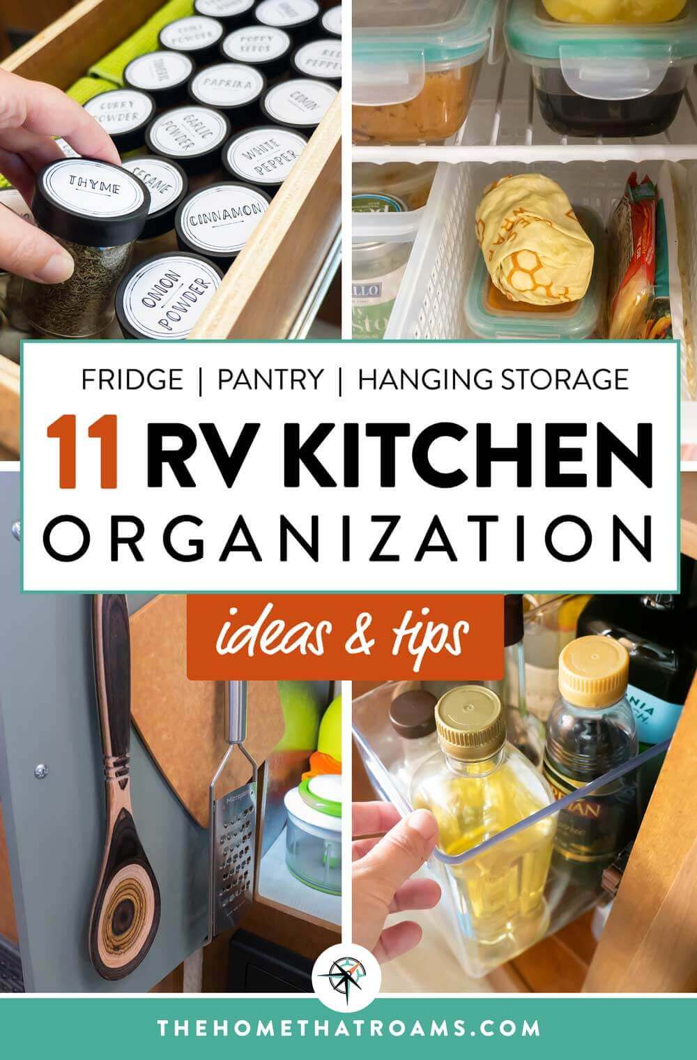 Pinterest image of RV kitchen organization ideas - spice jars, fridge, hanging items, pantry