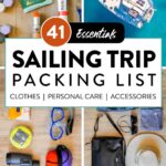 Pinterest image of sailing gear spread out on the floor for packing and an aerial view of a sailing catamaran.