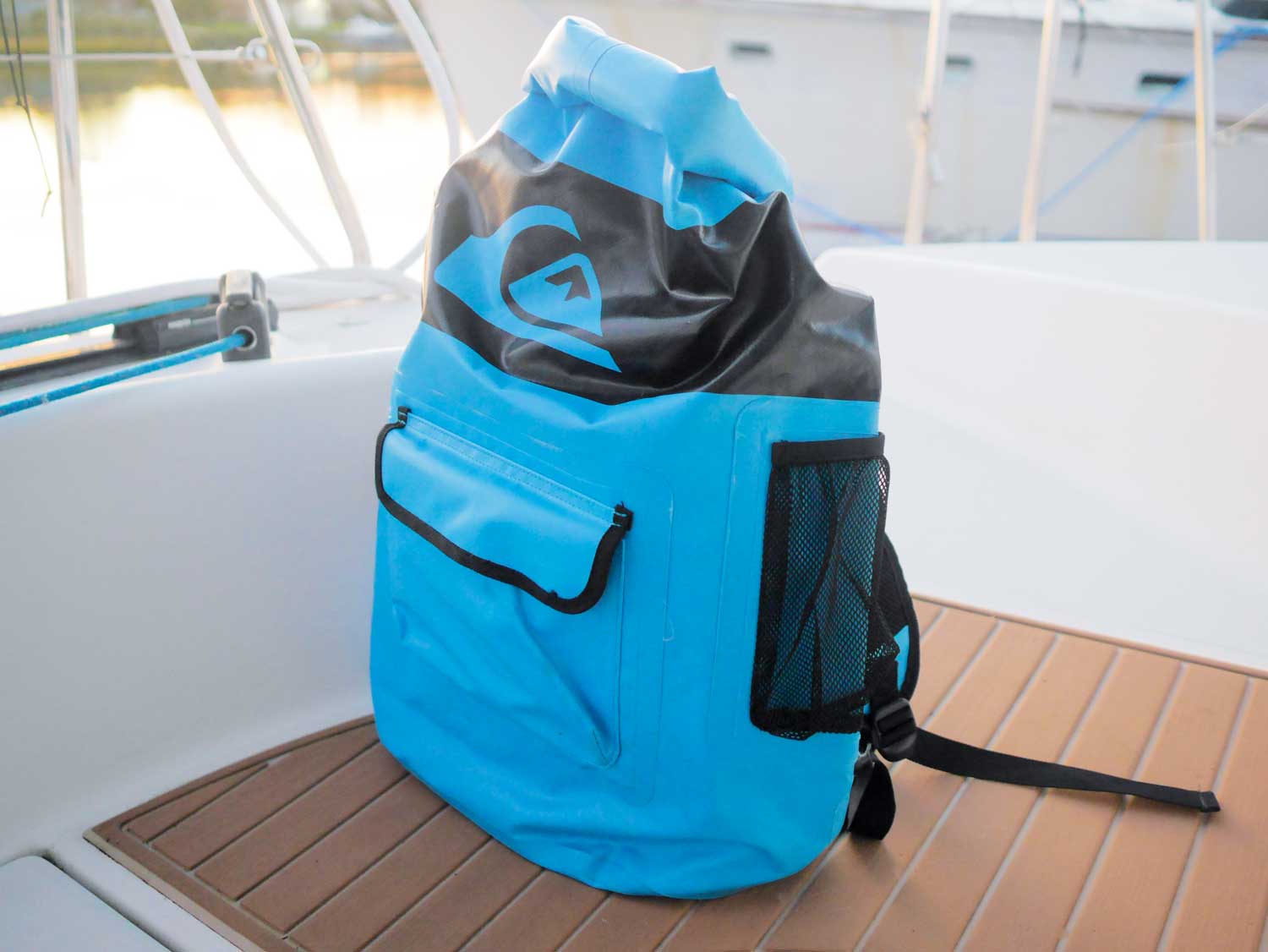 dry bag backpack in boat cockpit