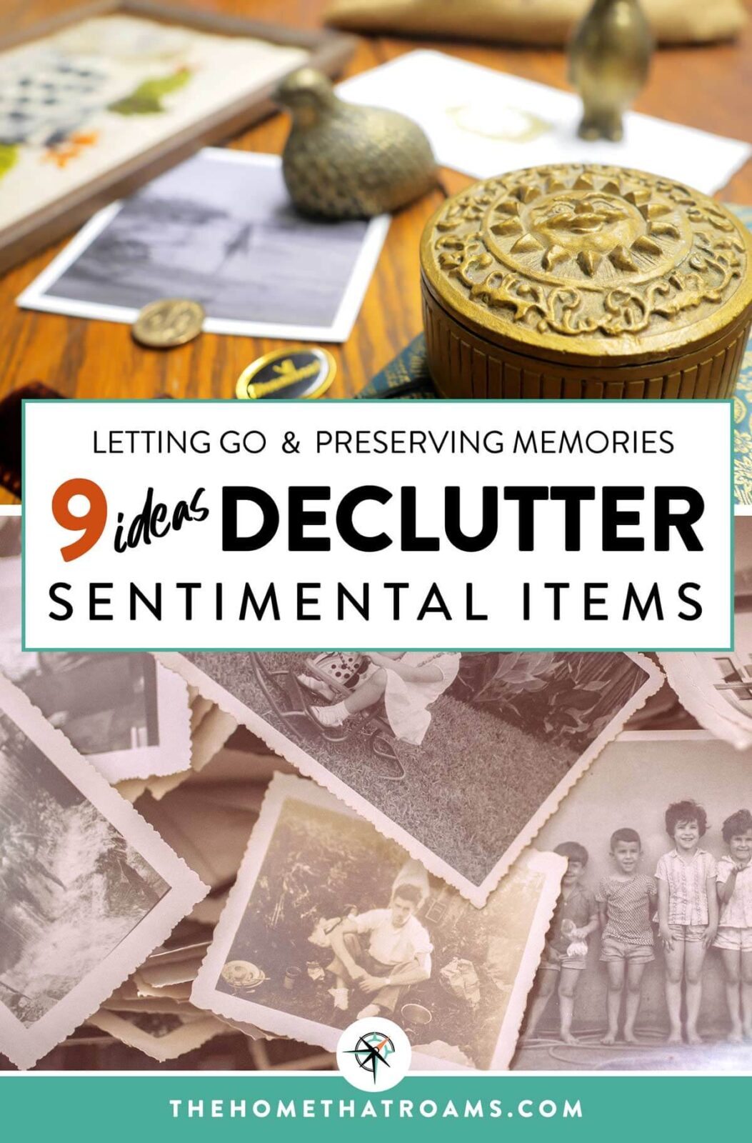 Pinterest image of sentimental items and old photographs on a table.