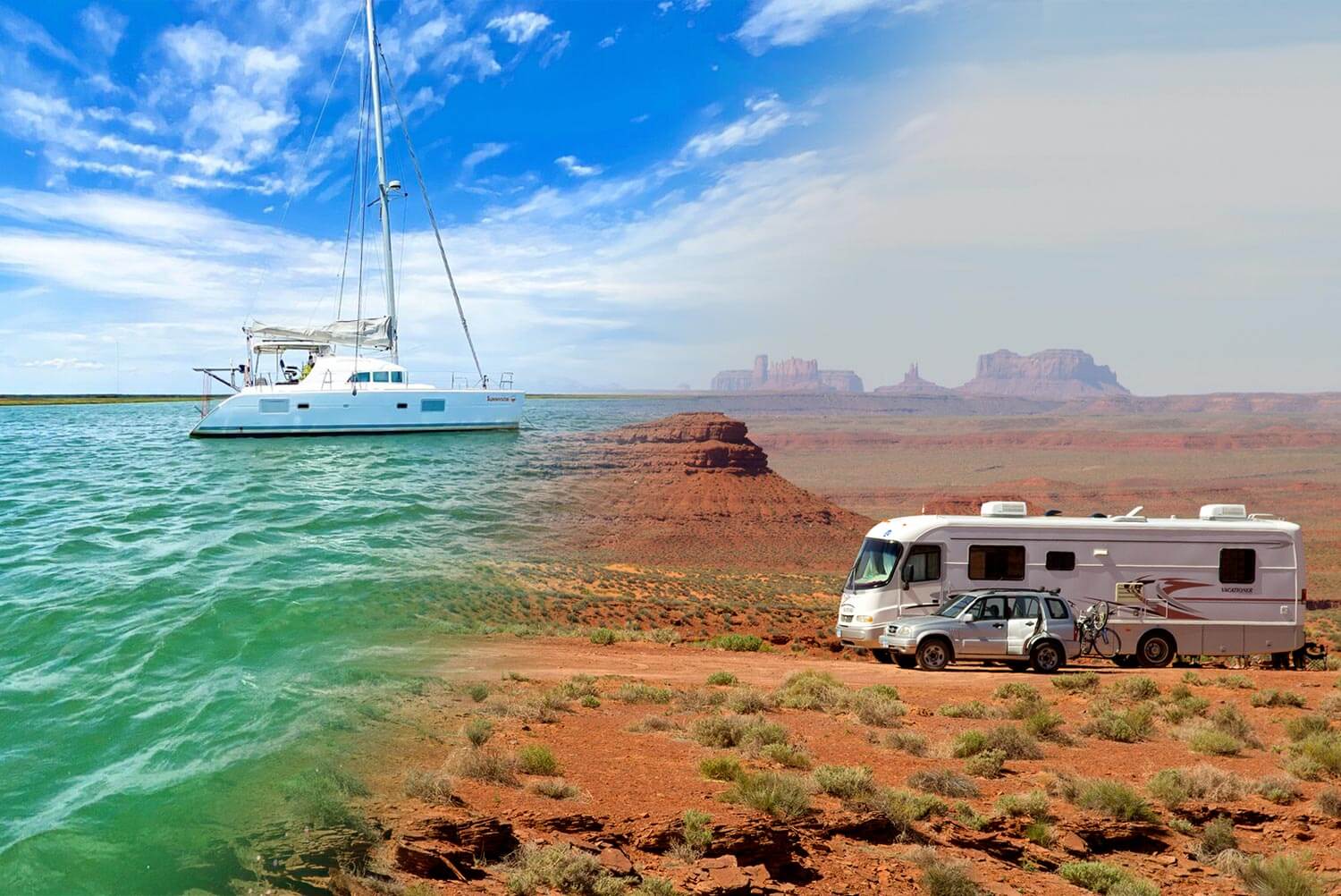 sailboat on ocean and rv in desert