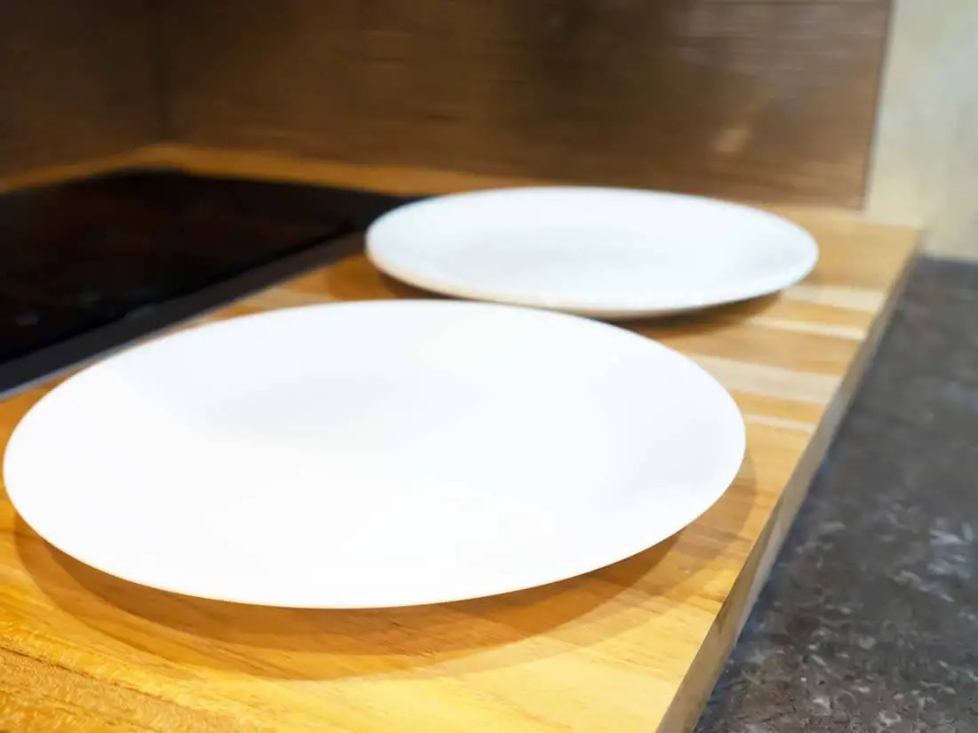 corelle dishes on teak kitchen counter