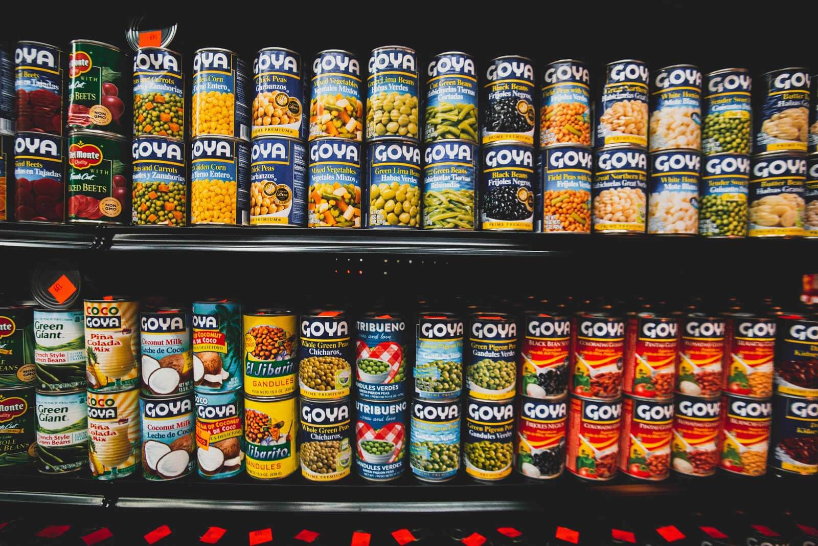 canned food on shelves in grocery store