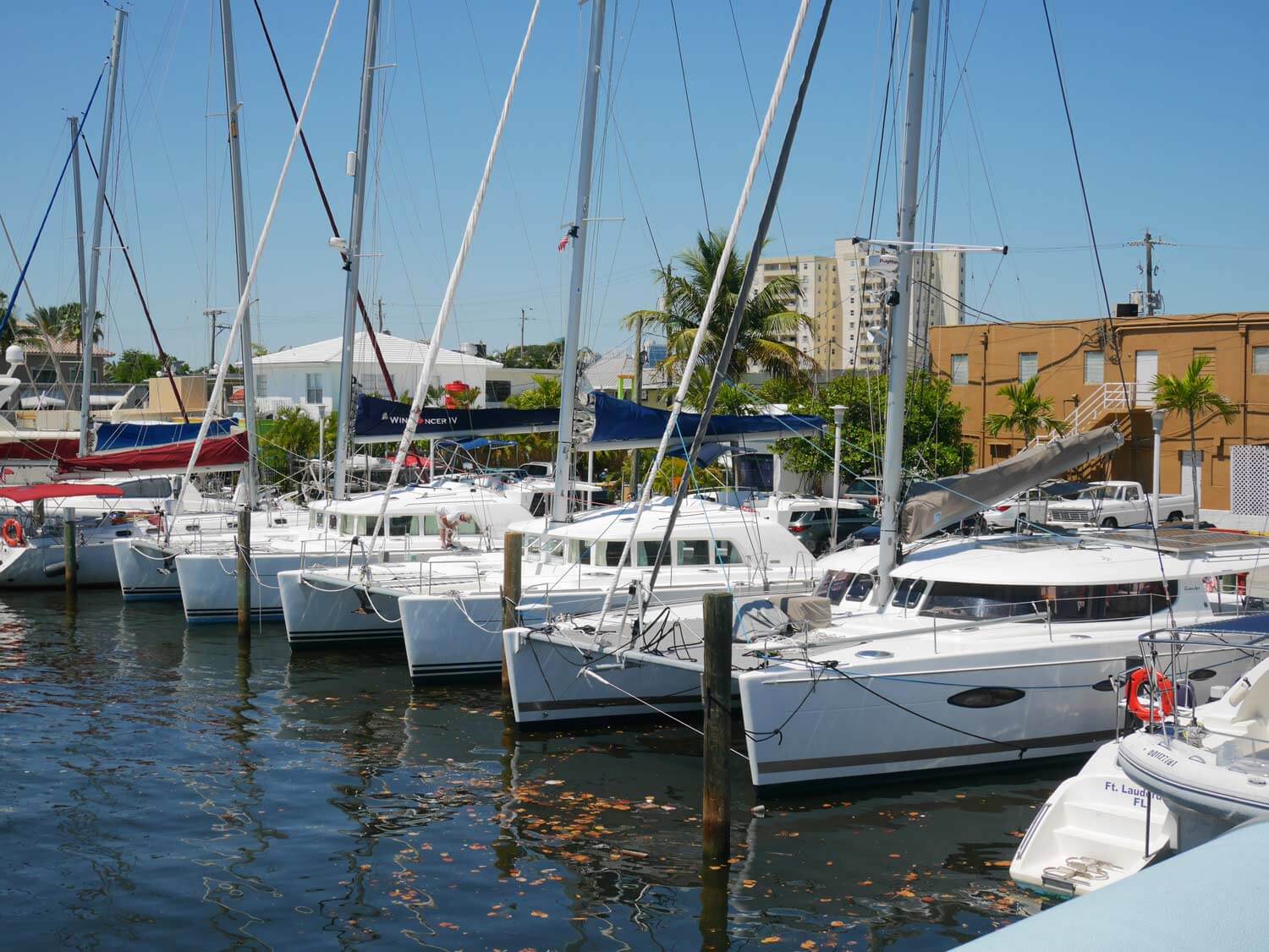 Catamarans in slips at the dock