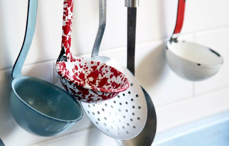 kitchen ladles hanging in kitchen