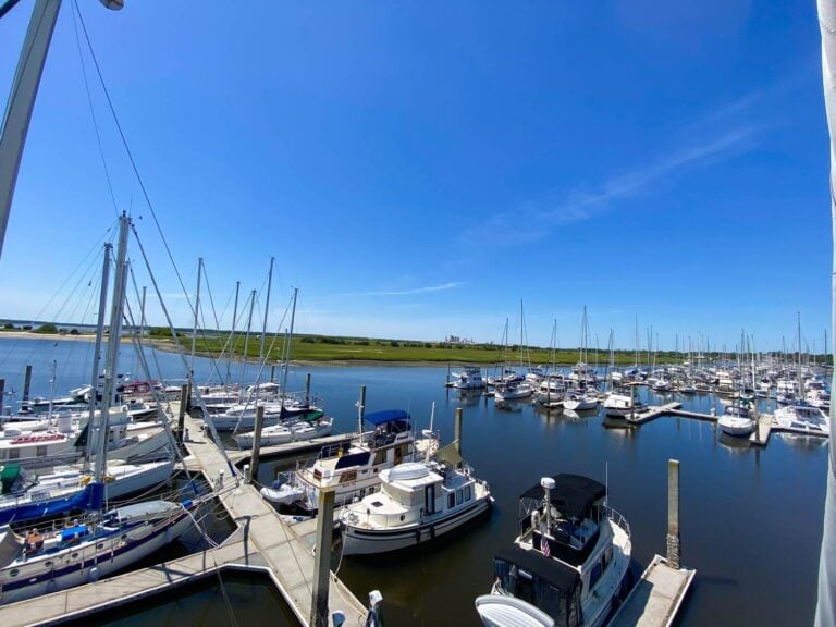 Ariel view of boats in slips at a liveaboard marina