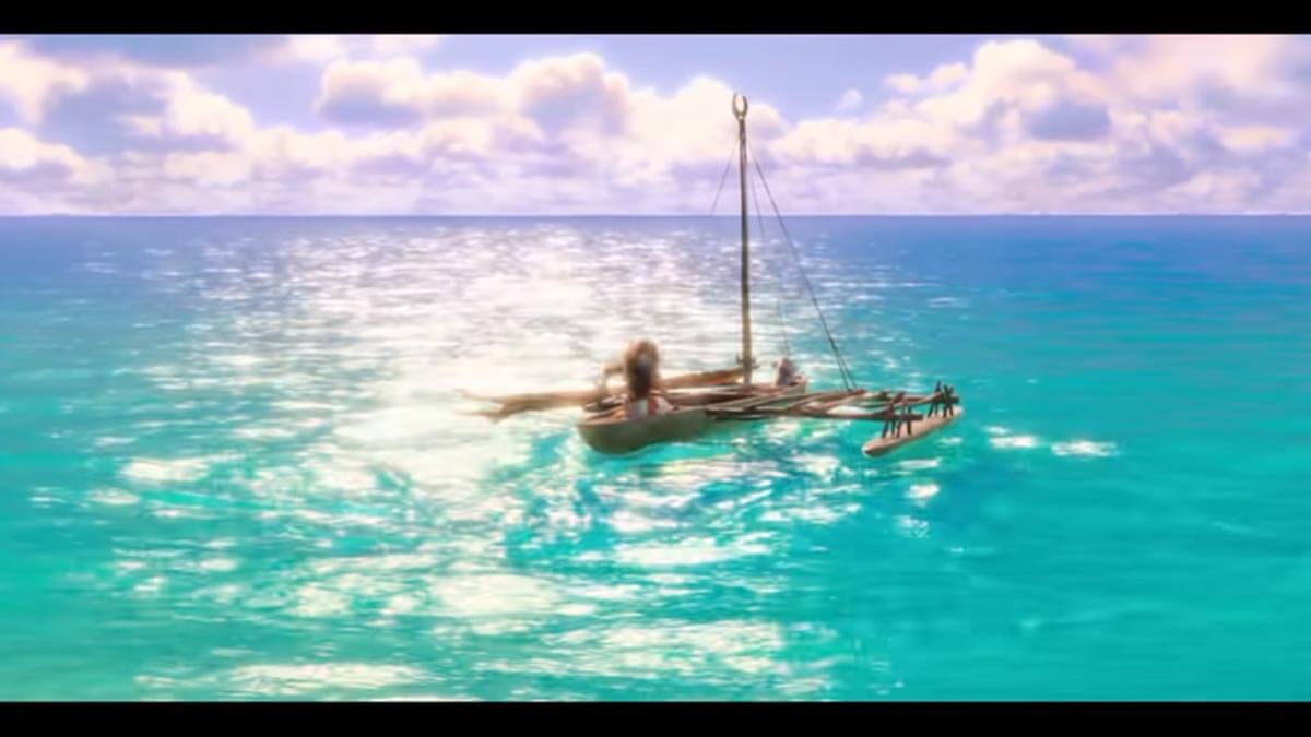 Still shot from the animated Disney movie Moana of the main character on a sailboat heading out into the ocean.
