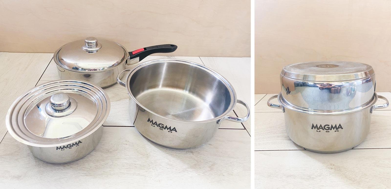 7-piece Magma nesting pot set shown as separate pieces and as stacked