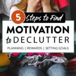 Pinterest image of girl holding her head in her hands as she tries to declutter her clothes.