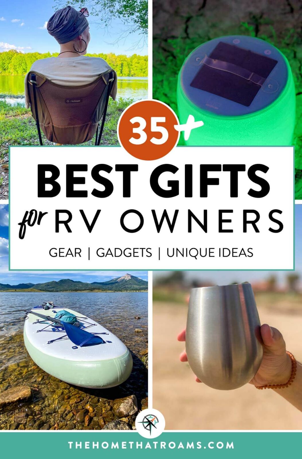 Pinterest image of gift ideas for RVers including a small camping chair, solar lantern, inflatable paddleboard, and stainless steel wine glass.