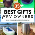 Pinterest image of gift ideas for RVers including a small camping chair, solar lantern, inflatable paddleboard, and stainless steel wine glass.