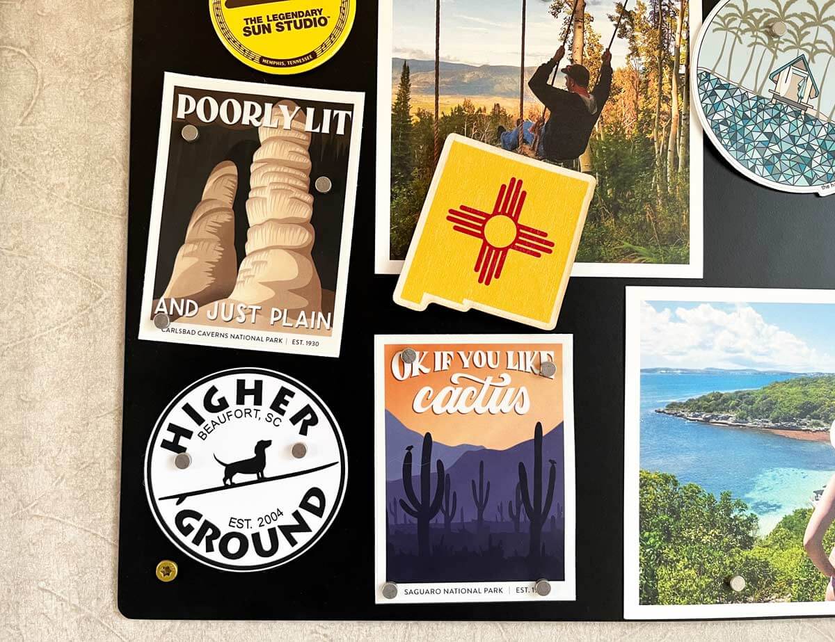 Subpar Parks national parks stickers on a magnetic board.