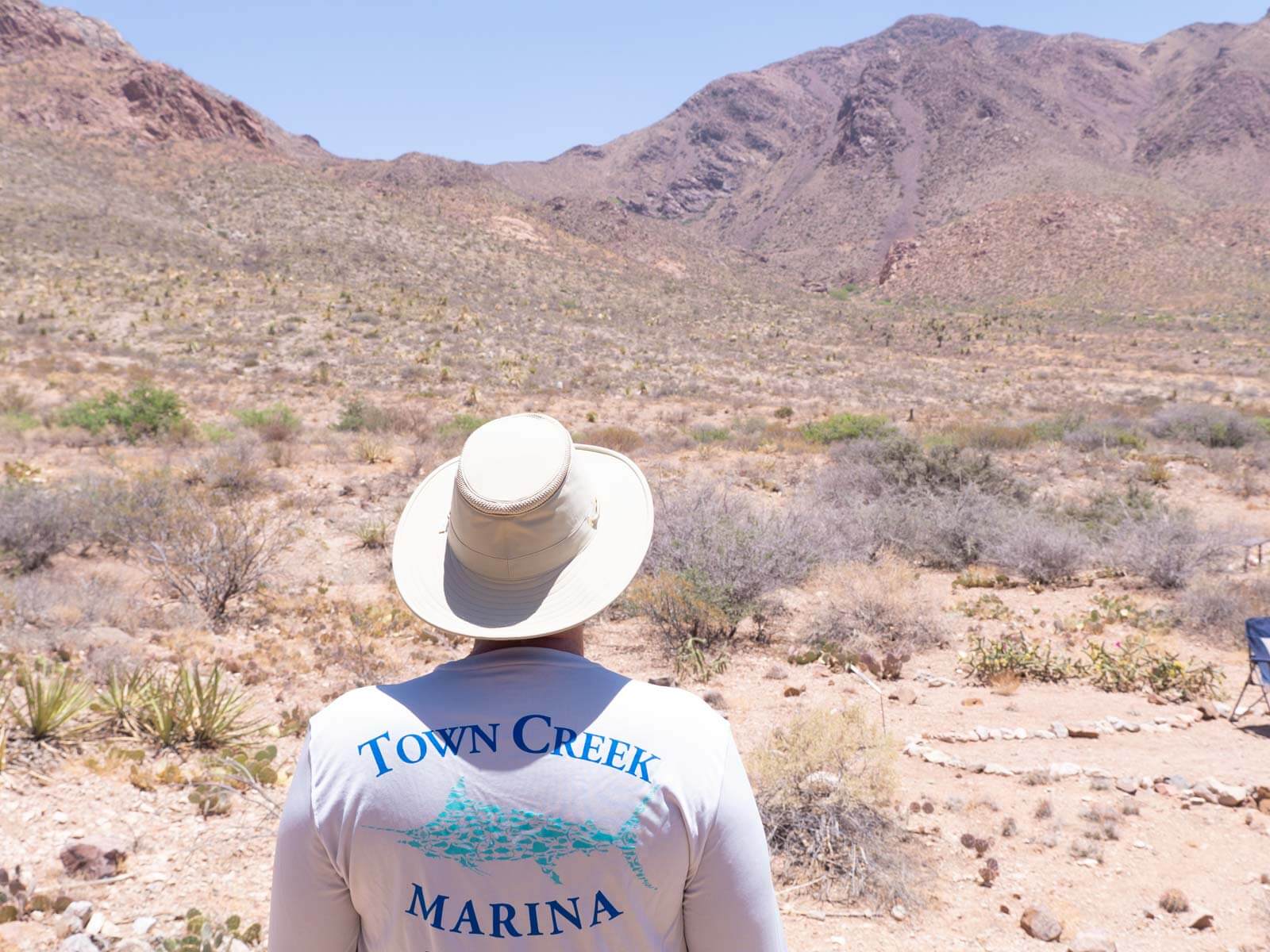 man wearing wide brim hat in the desert mountains