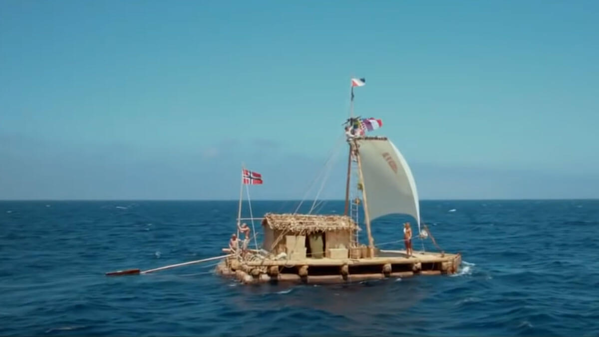 Kon-Tiki movie trailer thumbnail of wood raft on the ocean.