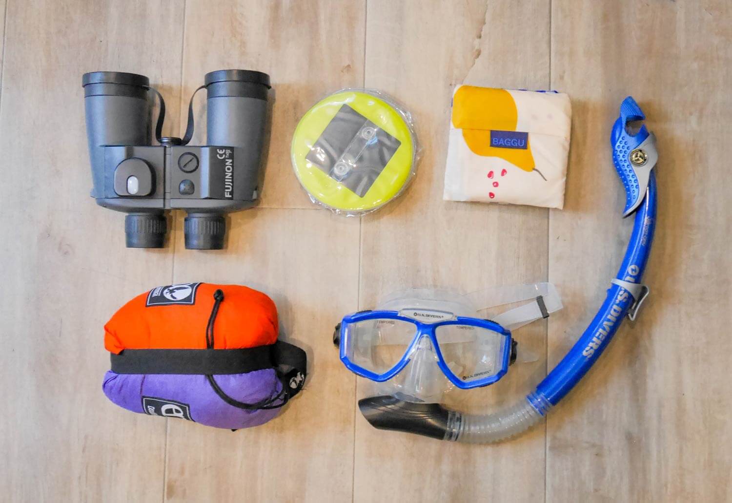 Items for a sailing trip - binoculars, lights, hammock, snorkel mask