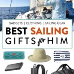 Pinterest image of man at the helm on sailing catamaran with various sailing gift items.