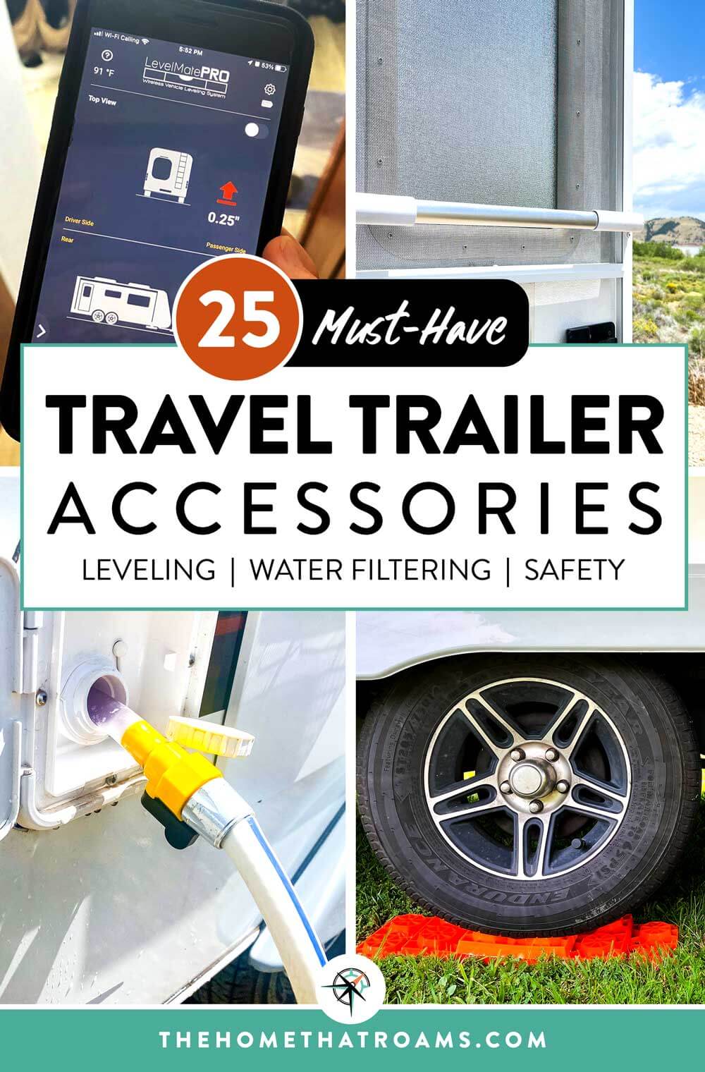(Top left) Levelmate Pro app on an iPhone, (top right) crossbar on travel trailer screendoor, (bottom left) water hose filling an RV water tank, (bottom right) and leveling blocks under a travel trailer tire.