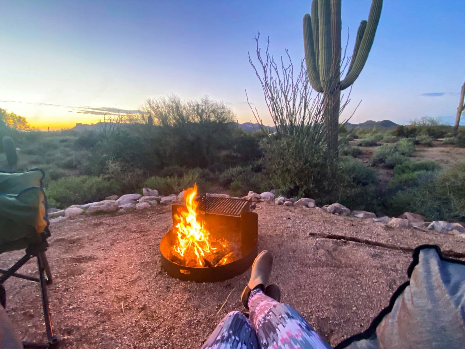 campfire at campsite in the desert
