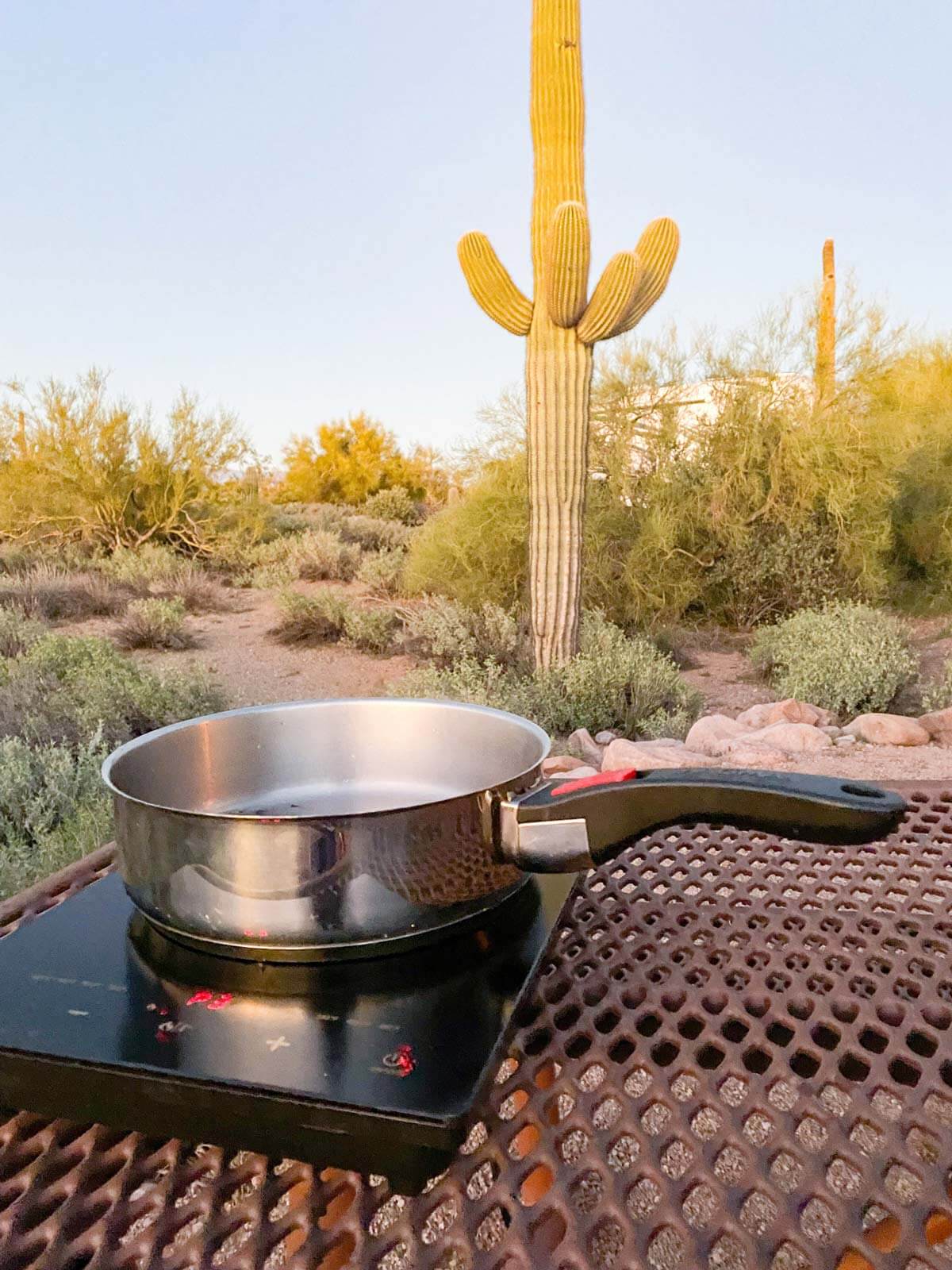 induction plate at campsite on outdoor table with pan heating oil on top