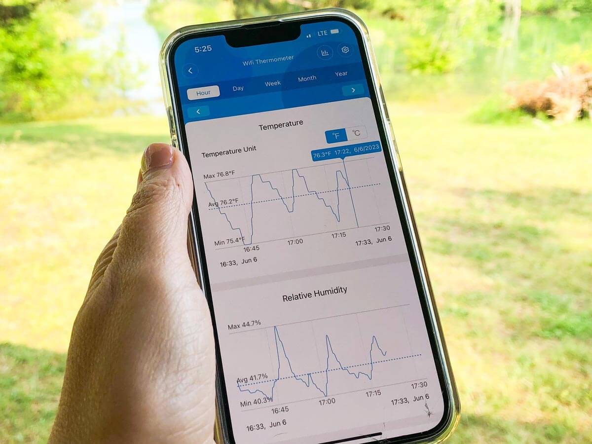 iPhone with Govee Home app being used to monitor temperature inside an RV.