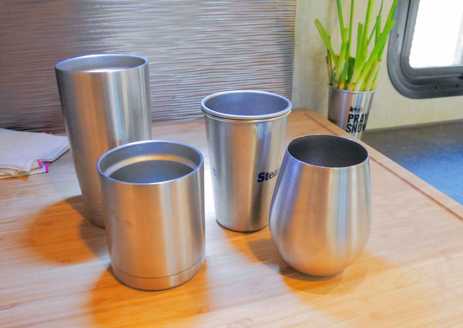 stainless steel wine glasses, cups, and tumblers in an RV