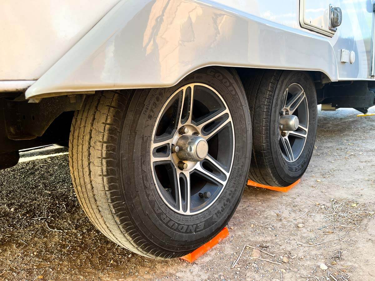 Closeup of RV travel trailer tires.