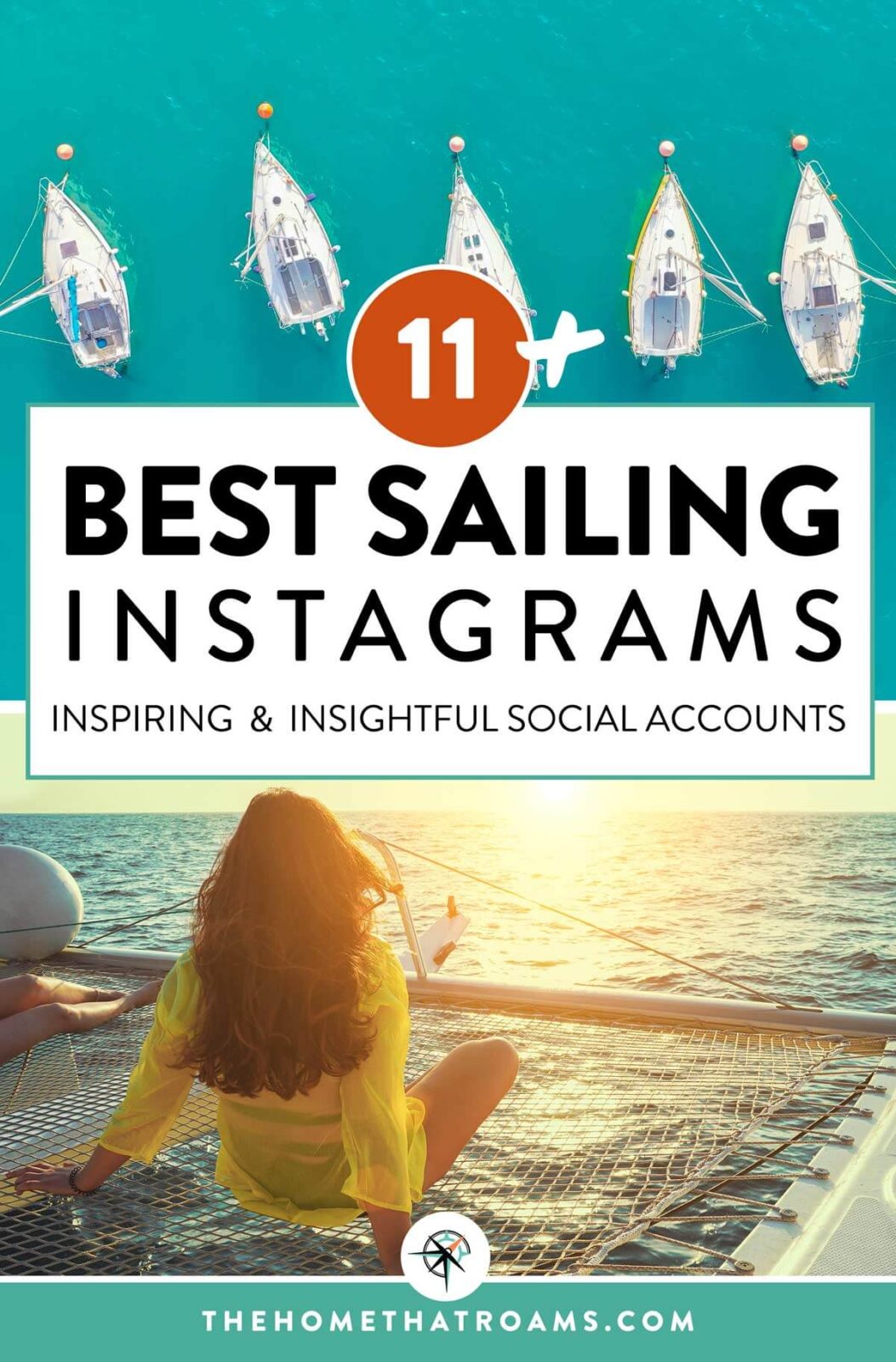 Pinterest image of sailboats moored in a line and woman on the trampoline of a catamaran at sunset.