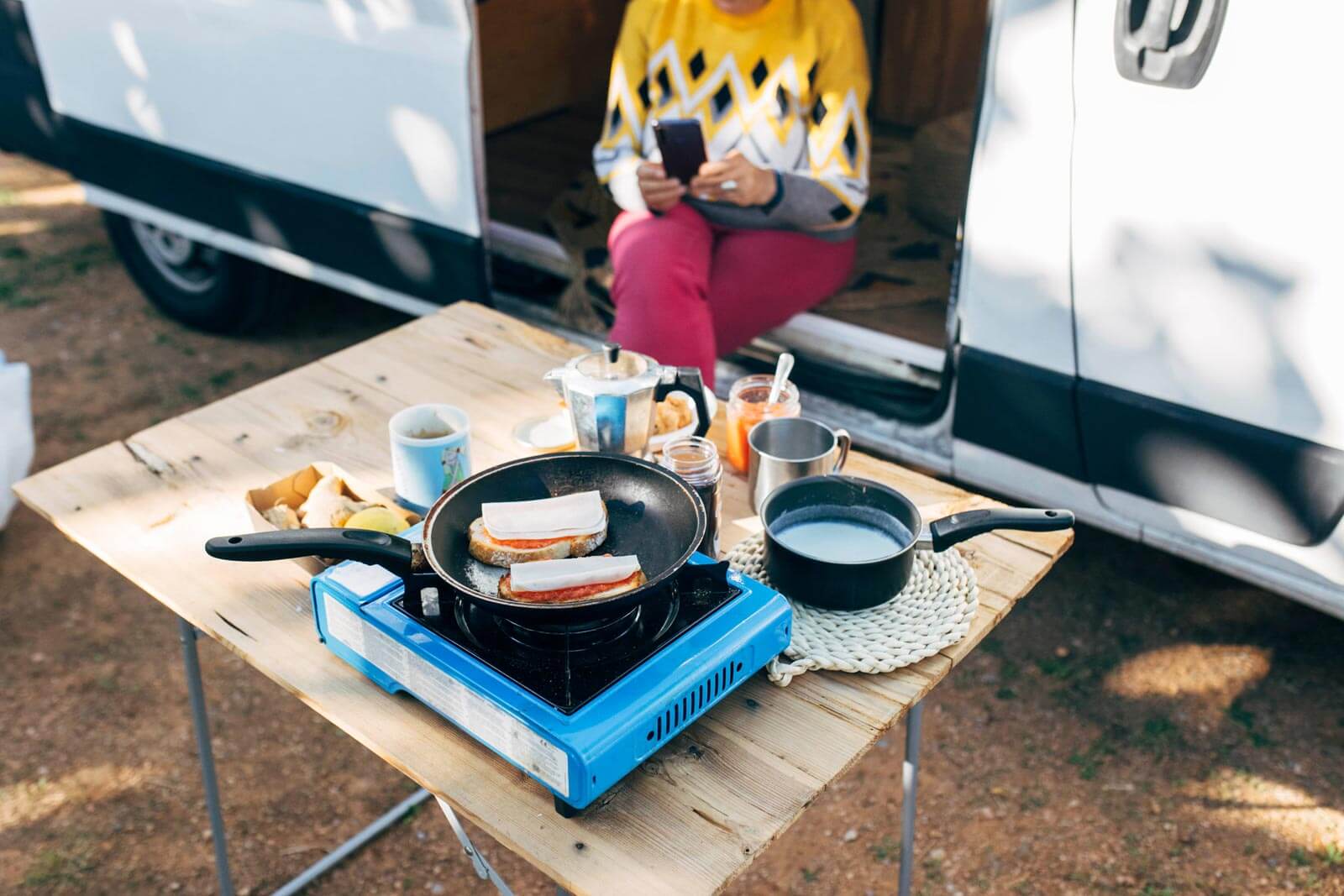Campsite setup with outdoor kitchen setup.