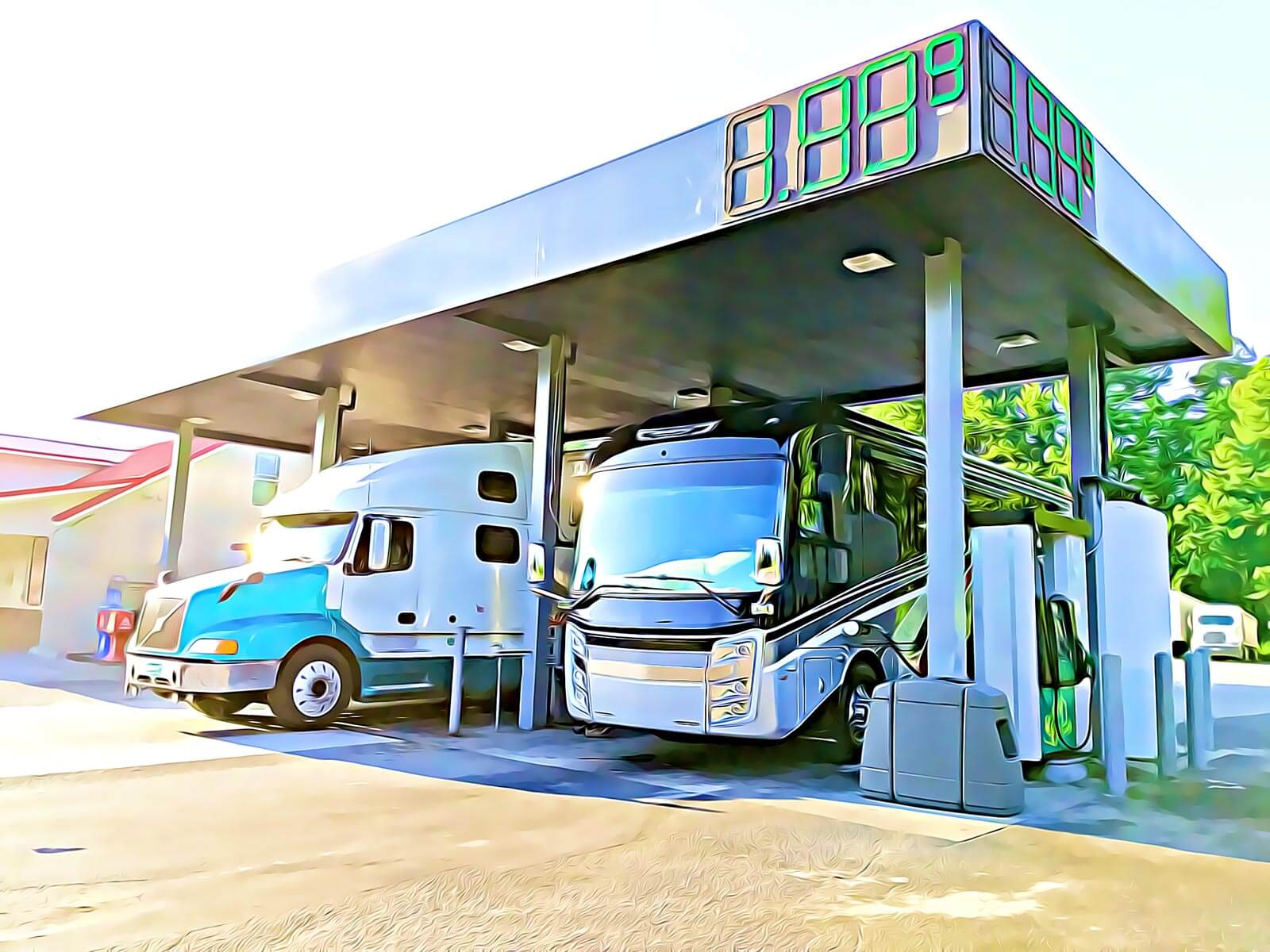 motorhome in trucking lane at a gas station