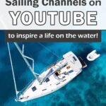 pin of aerial view of sailboat in the ocean with dinghy behind it