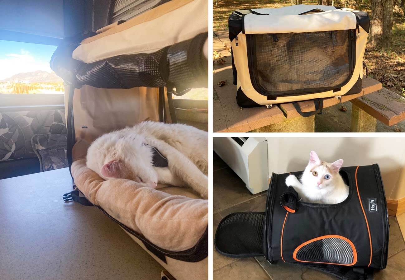 cat in carrier inside RV, cat in carrier outside RV, and cat exploring new cat backpack