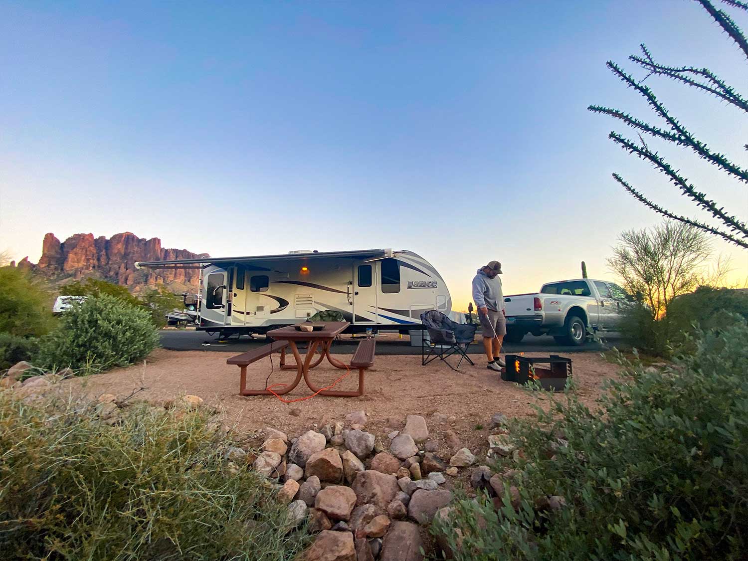RV setup at campsite in the Arizona desert.