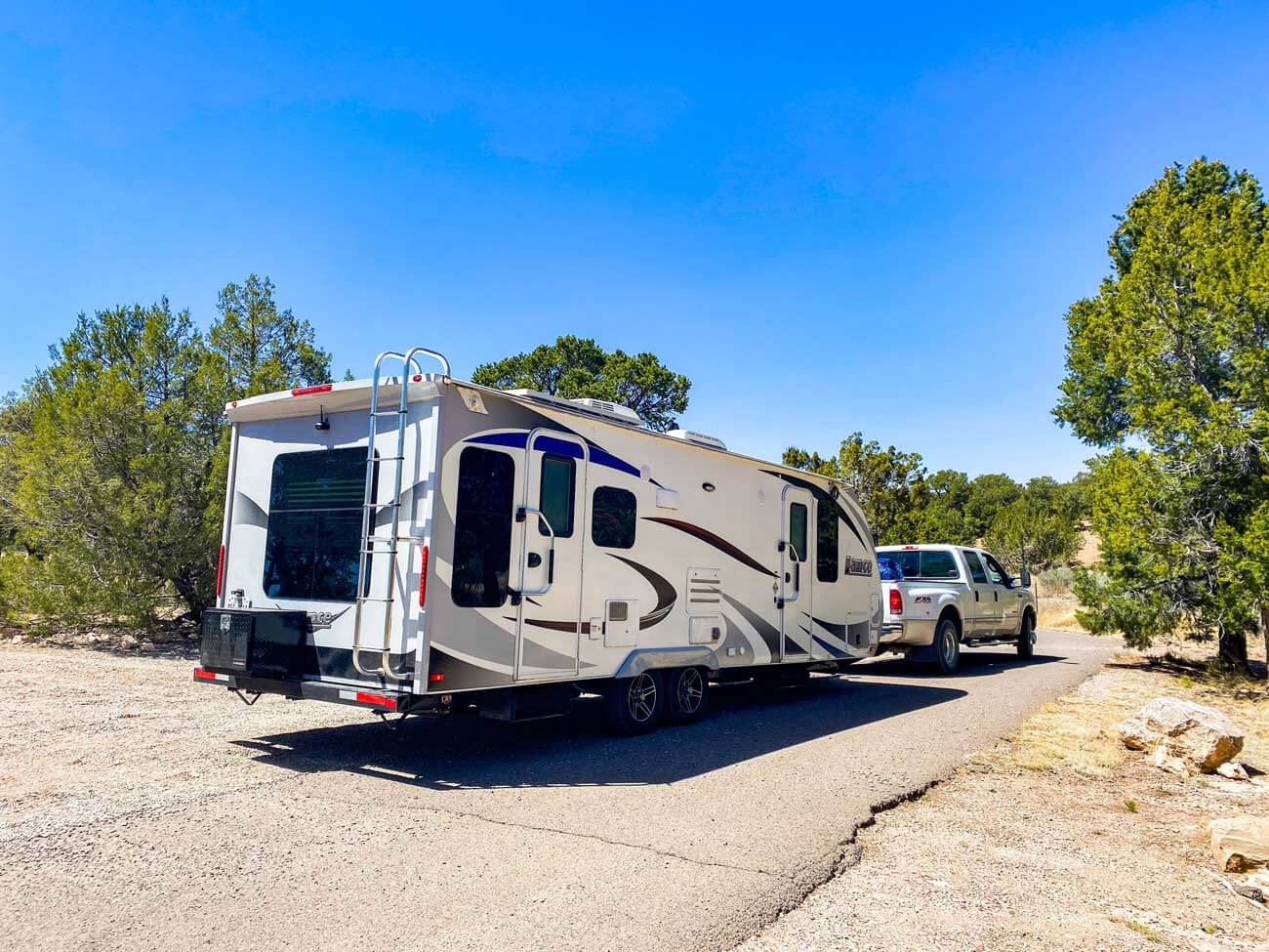 RV travel trailer leaving campground