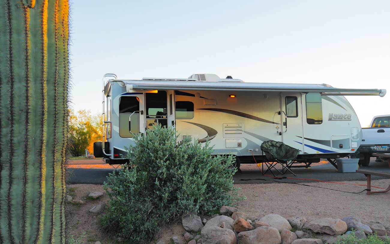 RV travel trailer campsite setup