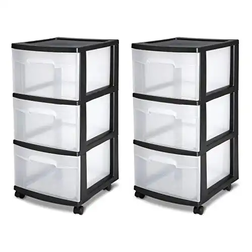 3 Drawer Cart, Black Frame with Clear Drawers (2-Pack)