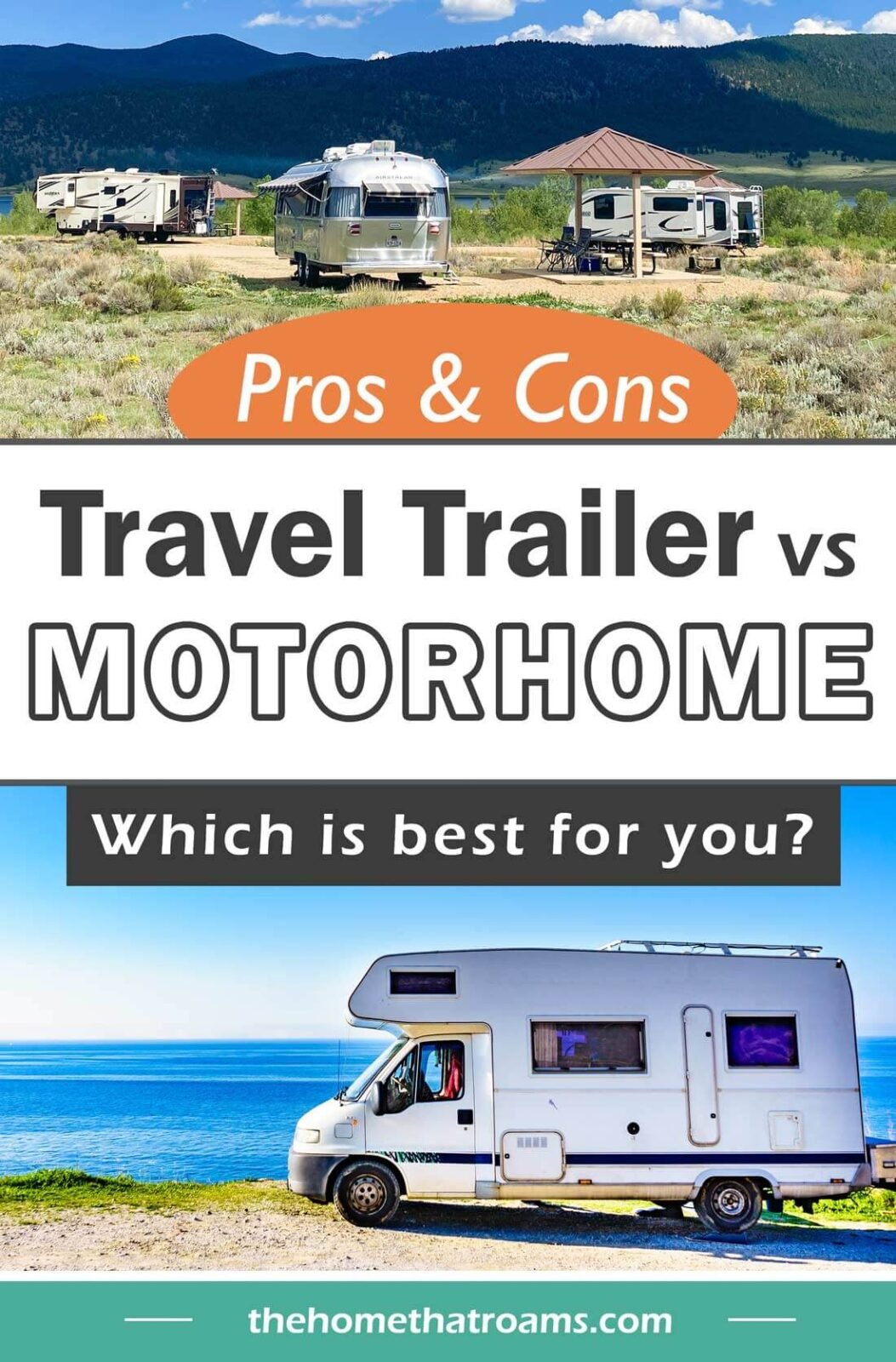 pin of travel trailers in a state park in the mountains and motorhome on the highway by the ocean