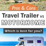 pin of travel trailers in a state park in the mountains and motorhome on the highway by the ocean