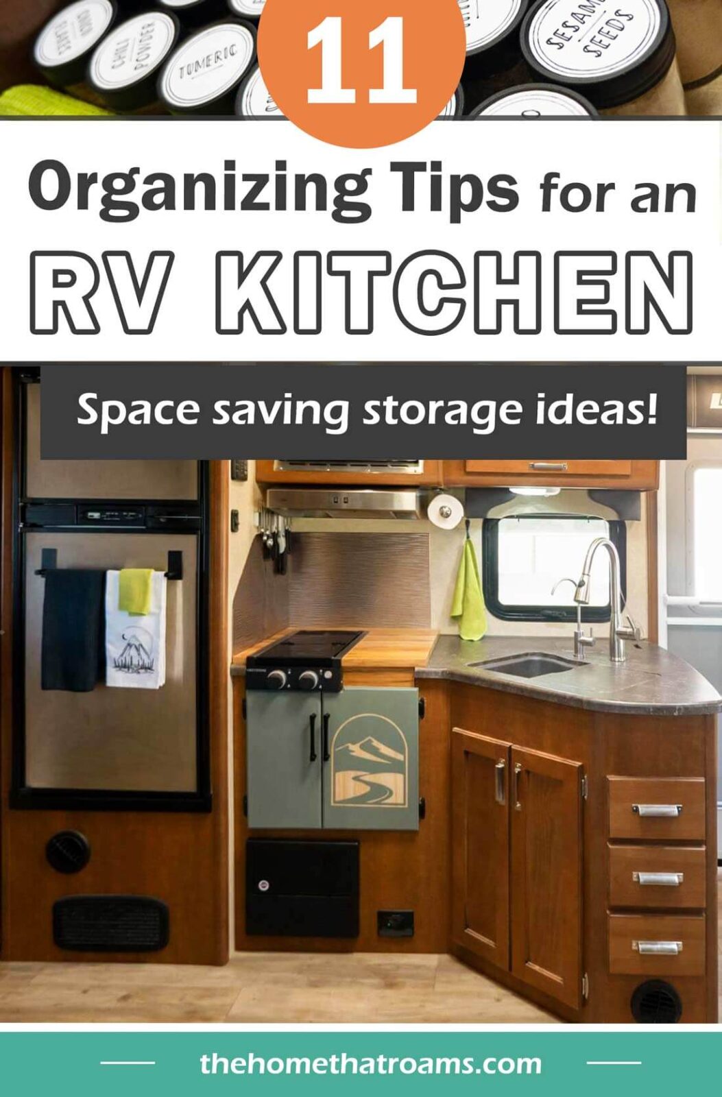small RV kitchen with fridge, stovetop, and sink