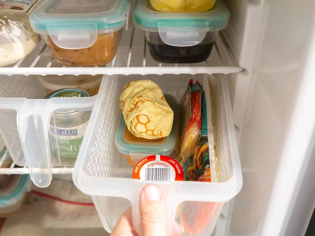 storage basket in RV fridge