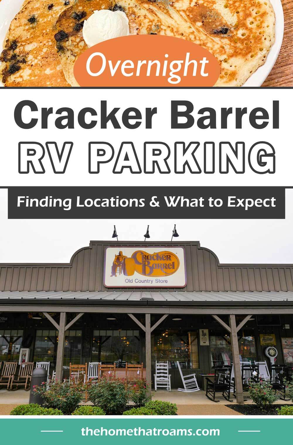 pin of overnight parking at Cracker Barrel - pancakes and image of the front of Cracker Barrel restaurant