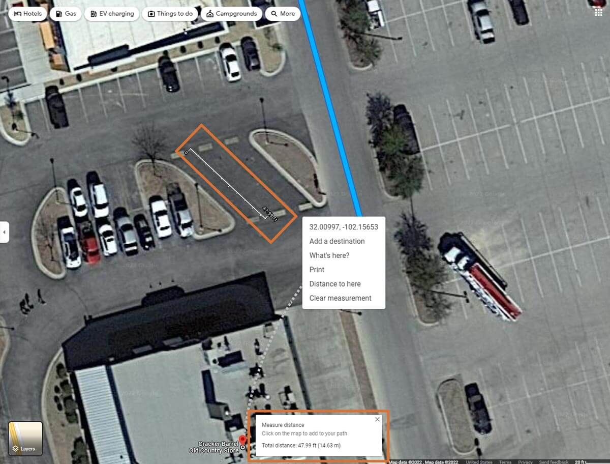 google maps satellite image of Cracker Barrel parking lot and how to measure parking spaces