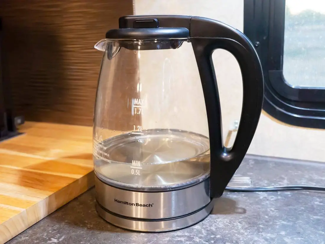 electric kettle on RV kitchen counter