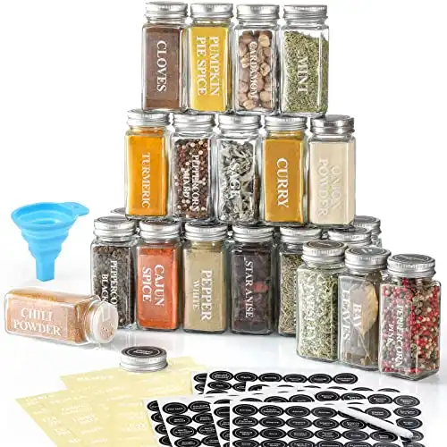 Glass Square Spice Jars with Labels (24, 4oz spice bottles)
